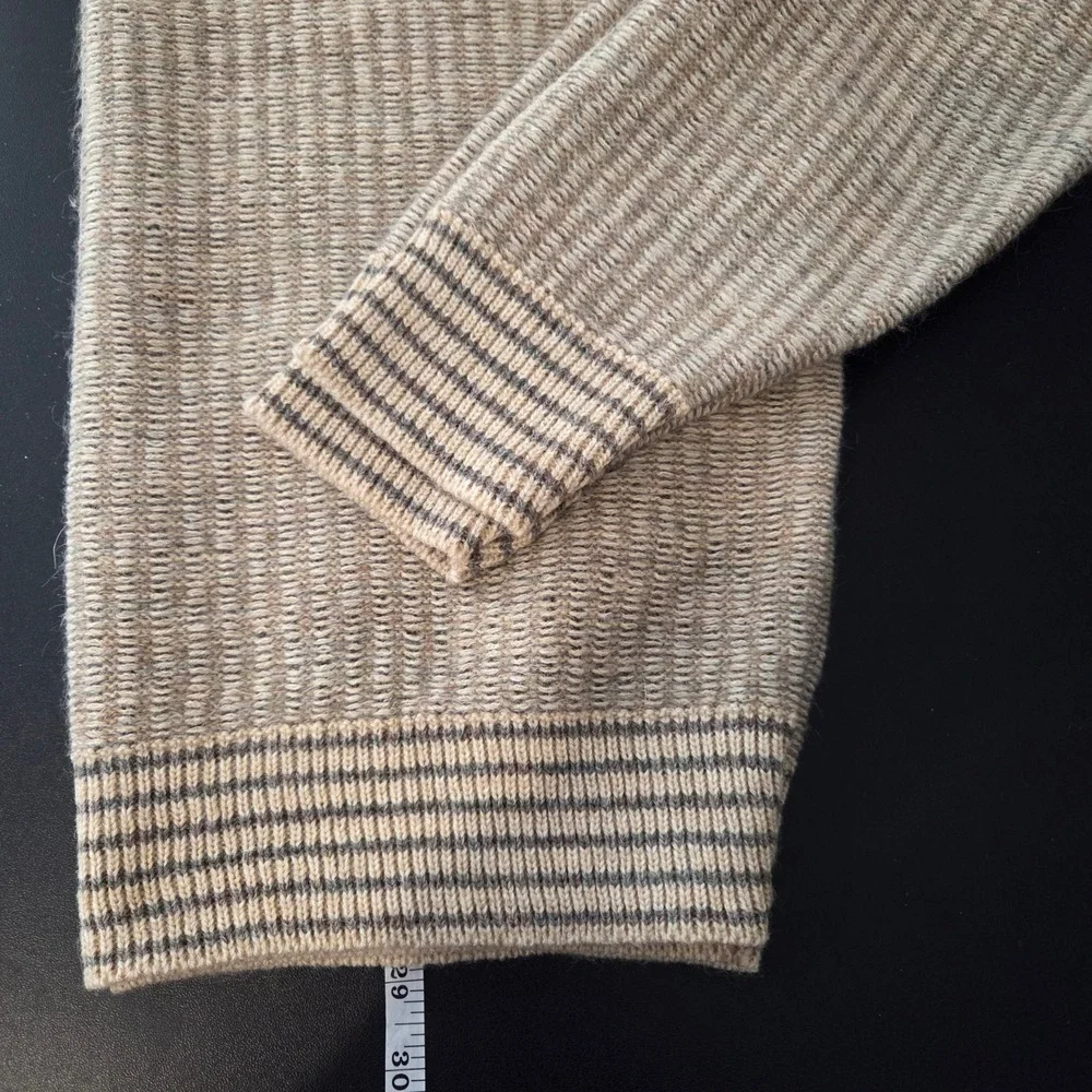 Vintage Pierre Cardin Men's V-Neck Sweater Tan Striped Knit Size L Preppy Casual